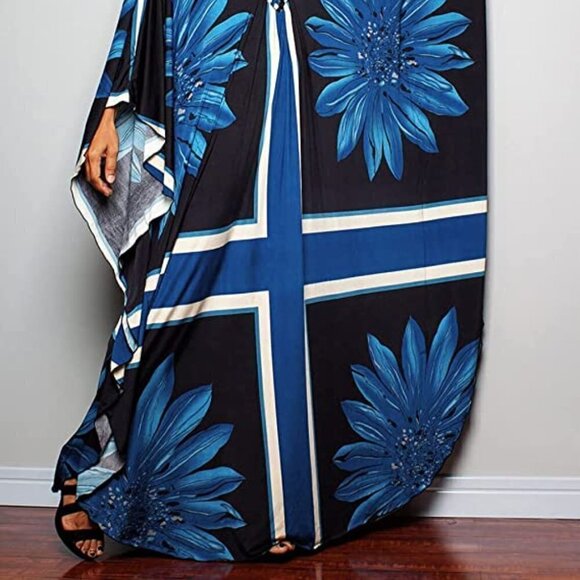 Blue Floral Print Lounge Kaftan Maxi Dress - Picture 8 of 11